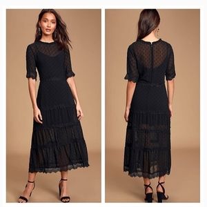 NWT Lulu's Dreaming of You Black Swiss Dot Tiered Midi Dress Size Medium